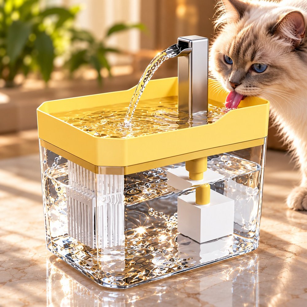 Fontaine Essentielle jaune, un chat boit au bec