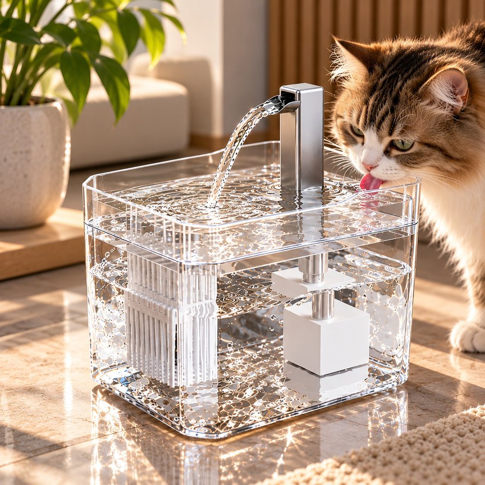Fontaine Essentielle transparente, un chat boit au bec
