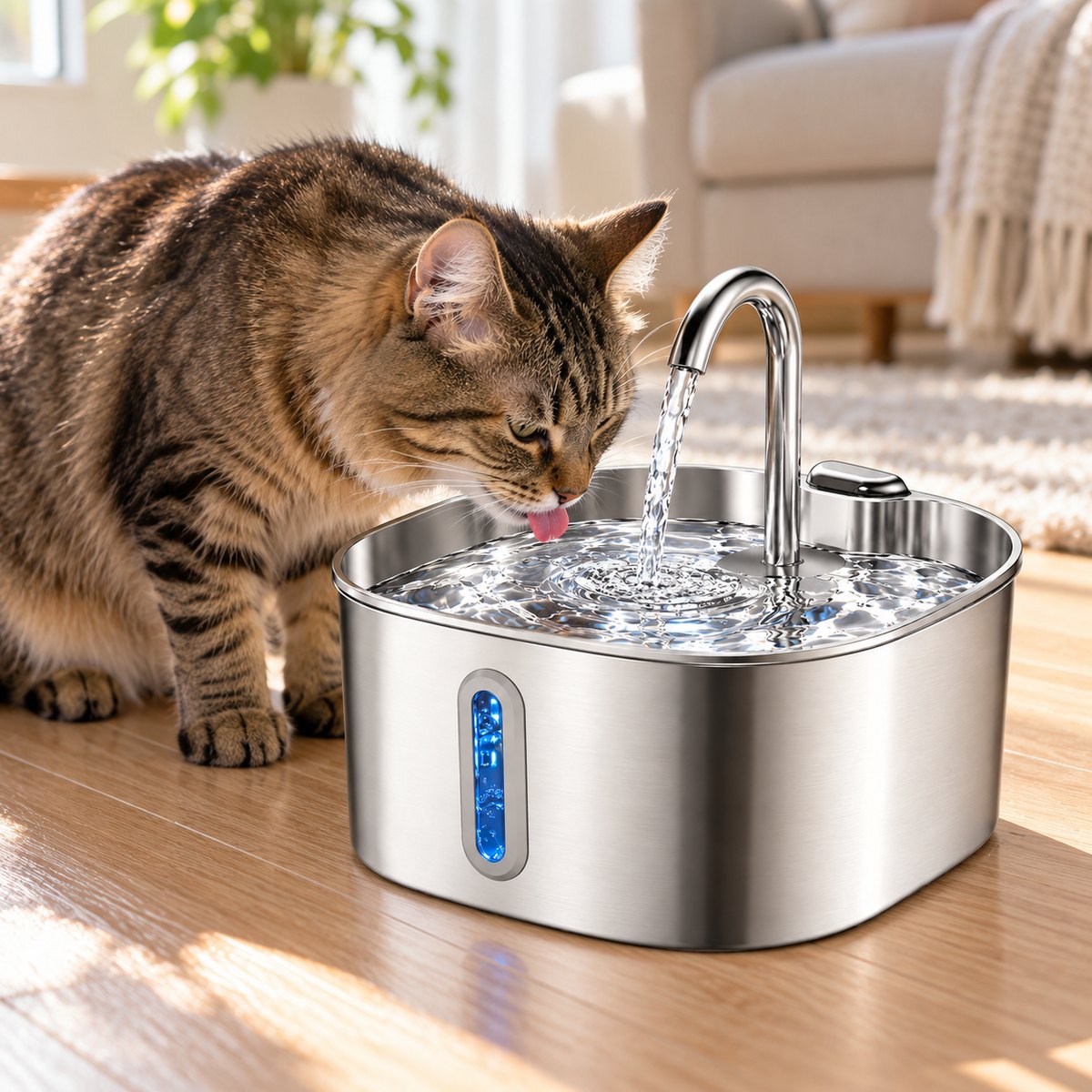Fontaine inox : un chat tigré boit au filet d'eau